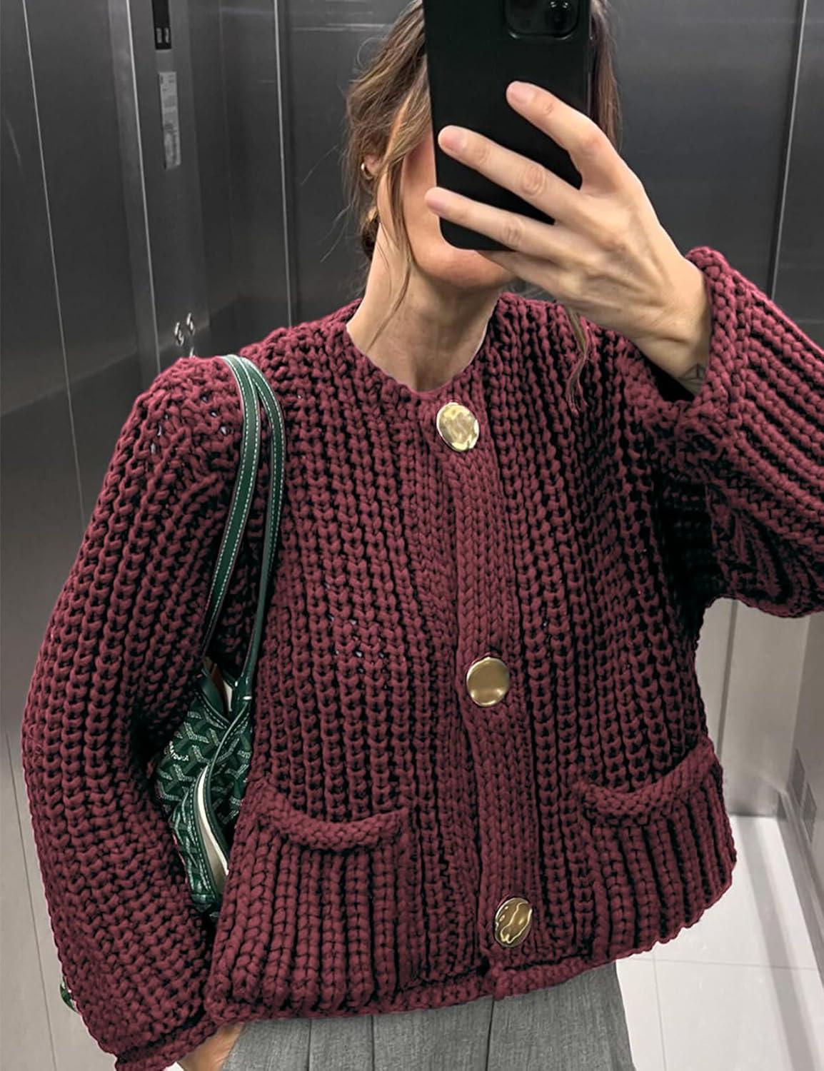 Arssm Womens Cropped Cardigan Sweaters Chunky Open Front Button Down Knit Sweater Long Sleeve Loose Cardigan Outerwear(Darkred)