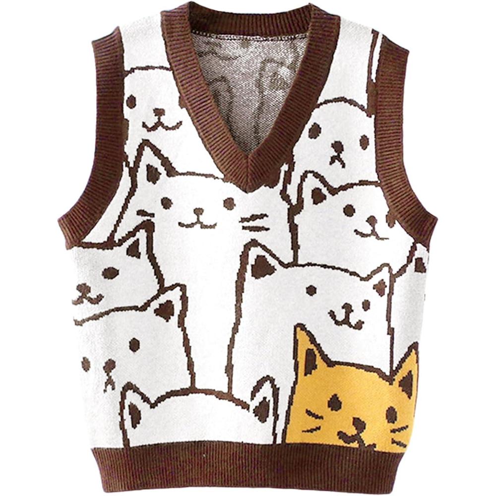 Arssm Womens Cat Print Pullover Sweater Vest V Neck Sleeveless Knit Vests 2025 Pullover Knitted Tank Top(Brown)
