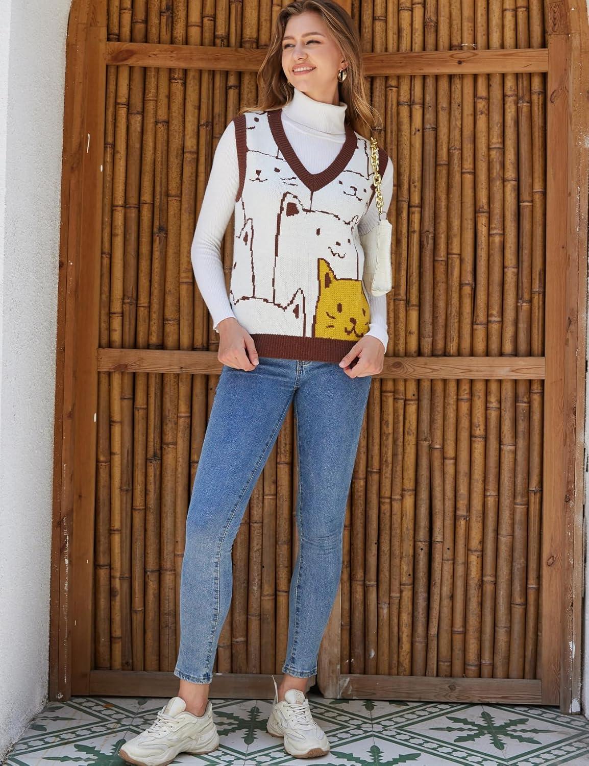 Arssm Womens Cat Print Pullover Sweater Vest V Neck Sleeveless Knit Vests 2025 Pullover Knitted Tank Top(Brown)