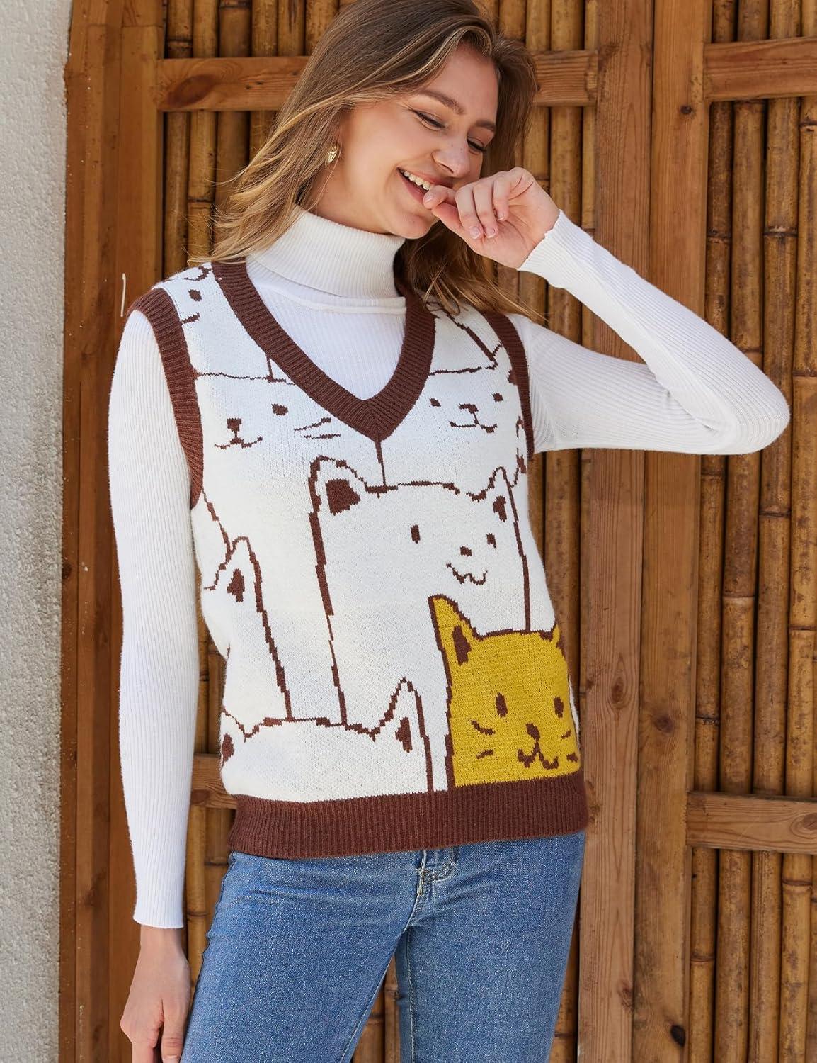 Arssm Womens Cat Print Pullover Sweater Vest V Neck Sleeveless Knit Vests 2025 Pullover Knitted Tank Top(Brown)