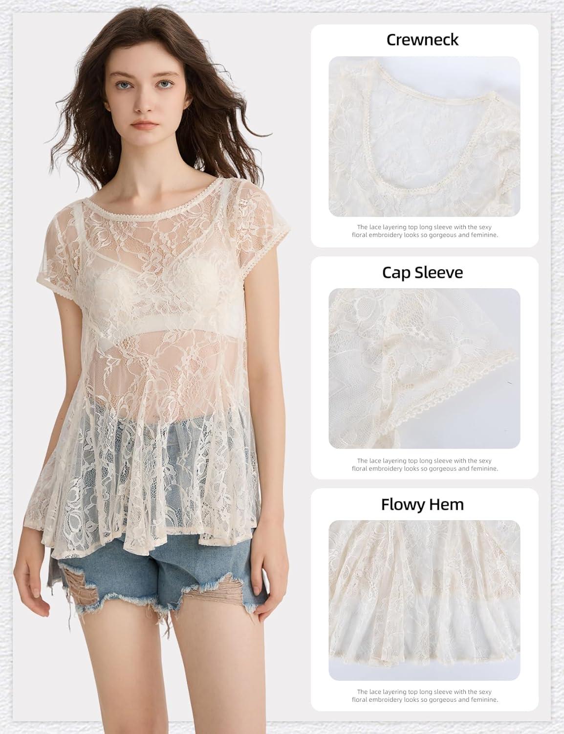 Arssm Sheer Tops for Women Short Sleeve Lace Tops See Through Babydoll Tops Mesh Shirts(Apricot)