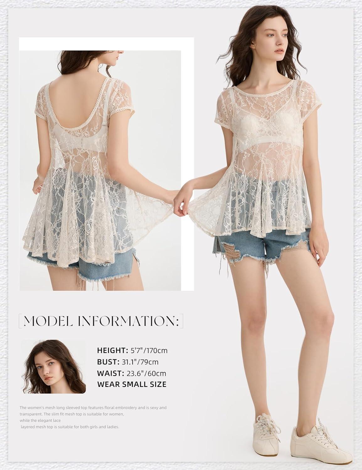 Arssm Sheer Tops for Women Short Sleeve Lace Tops See Through Babydoll Tops Mesh Shirts(Apricot)