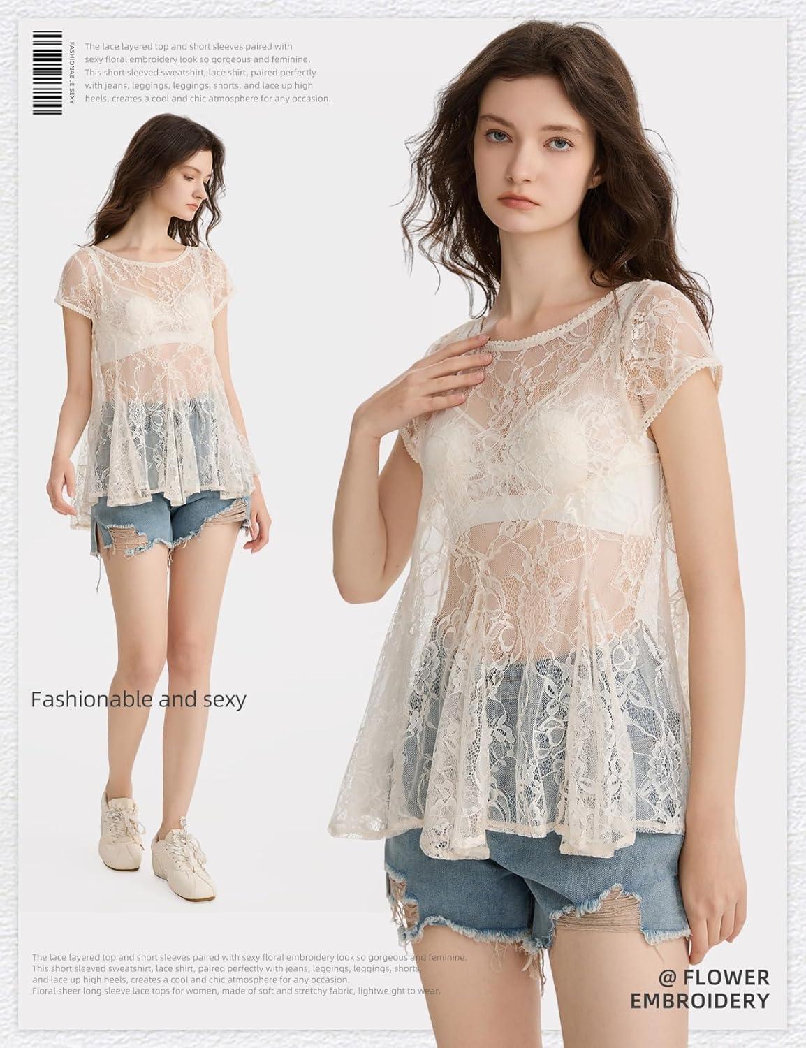 Arssm Sheer Tops for Women Short Sleeve Lace Tops See Through Babydoll Tops Mesh Shirts(Apricot)