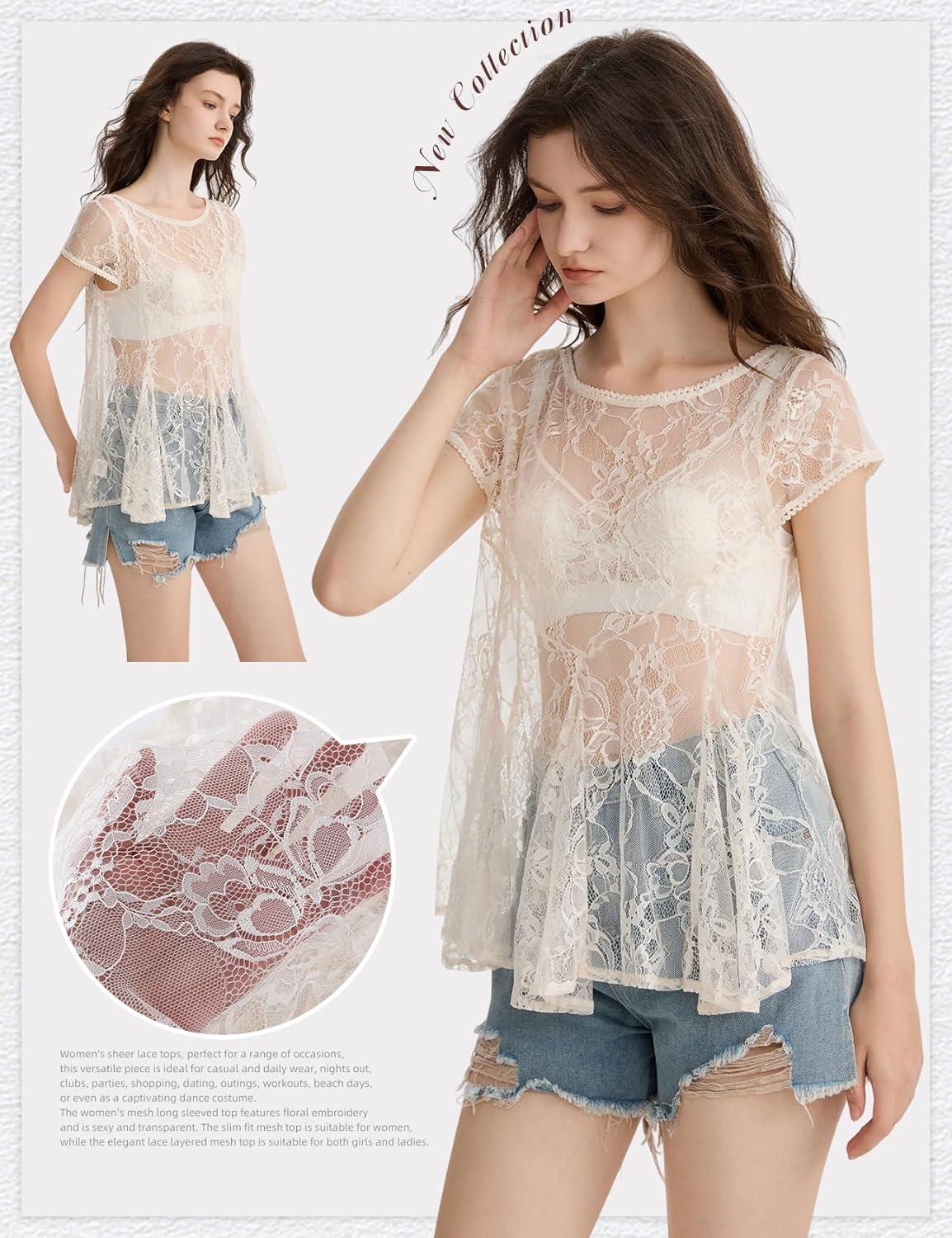 Arssm Sheer Tops for Women Short Sleeve Lace Tops See Through Babydoll Tops Mesh Shirts(Apricot)
