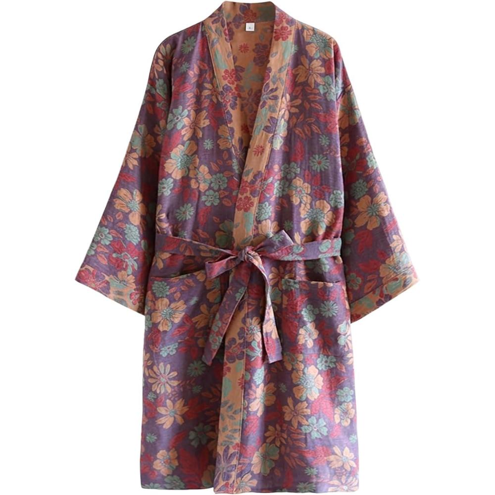 Arssm Women Cotton Gauze Robes Jacquard Japanese Yukata Muslin Kimono Robe Bathrobe Loungewear Sleepwear(Purpleflower)
