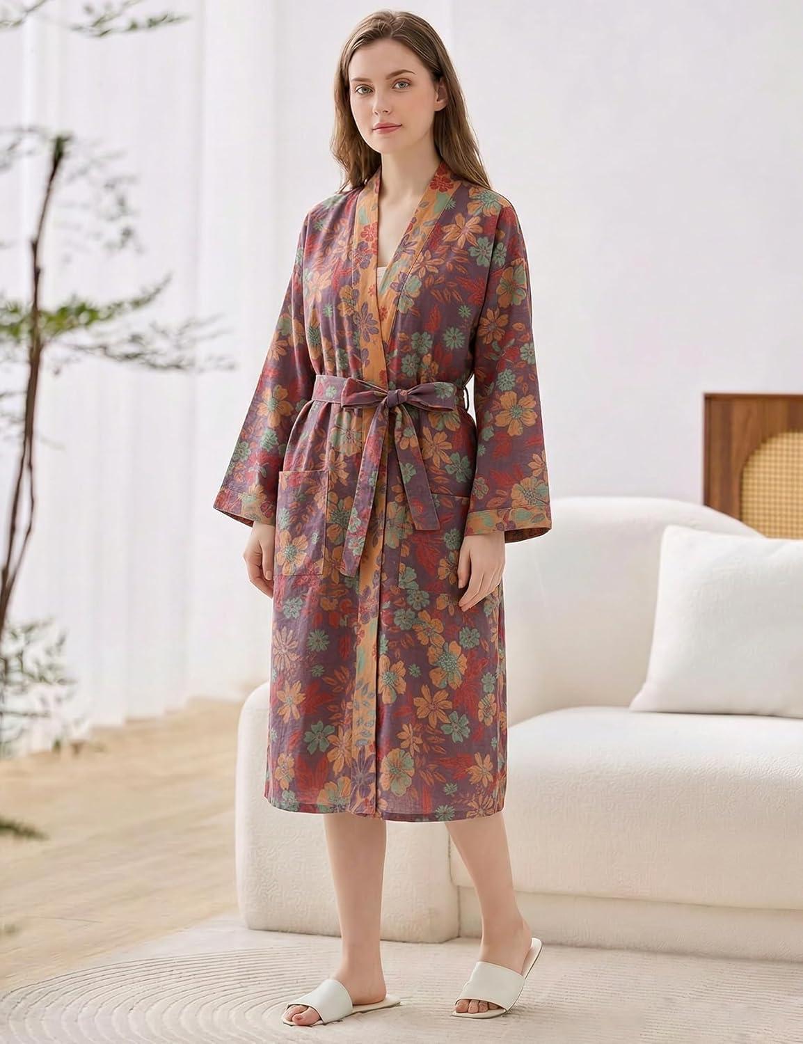 Arssm Women Cotton Gauze Robes Jacquard Japanese Yukata Muslin Kimono Robe Bathrobe Loungewear Sleepwear(Purpleflower)