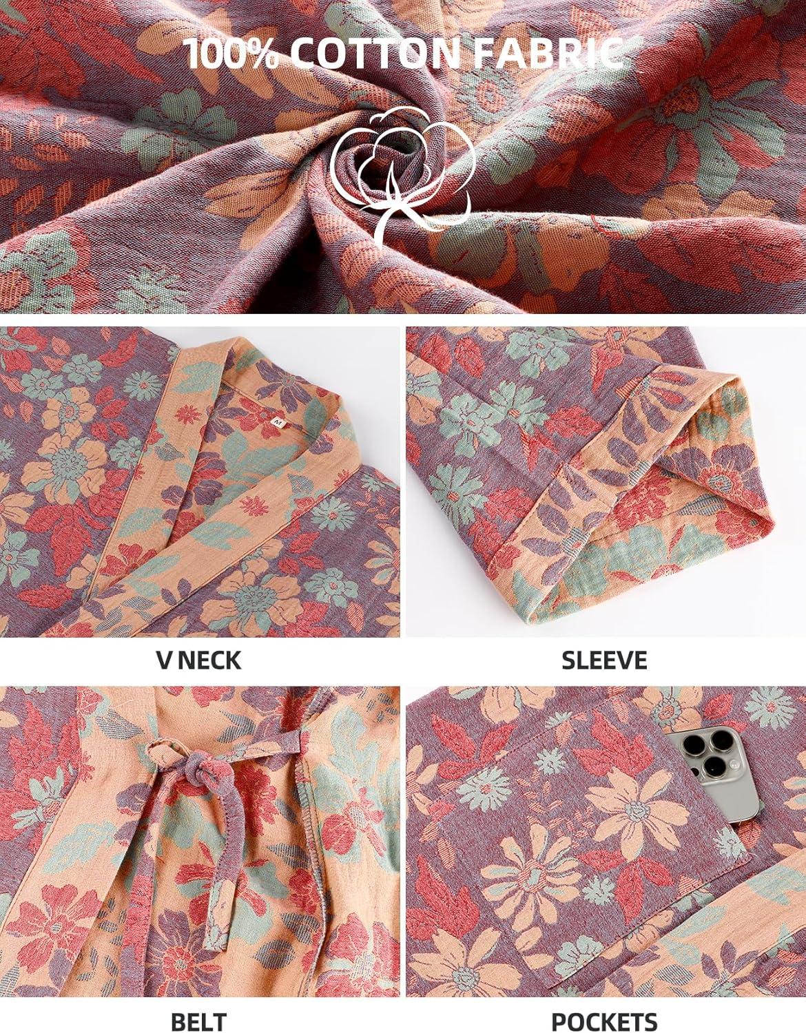 Arssm Women Cotton Gauze Robes Jacquard Japanese Yukata Muslin Kimono Robe Bathrobe Loungewear Sleepwear(Purpleflower)