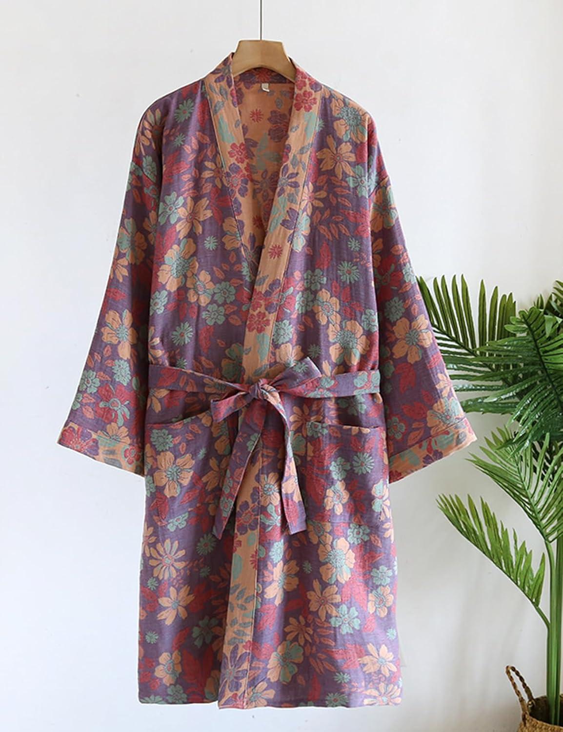 Arssm Women Cotton Gauze Robes Jacquard Japanese Yukata Muslin Kimono Robe Bathrobe Loungewear Sleepwear(Purpleflower)