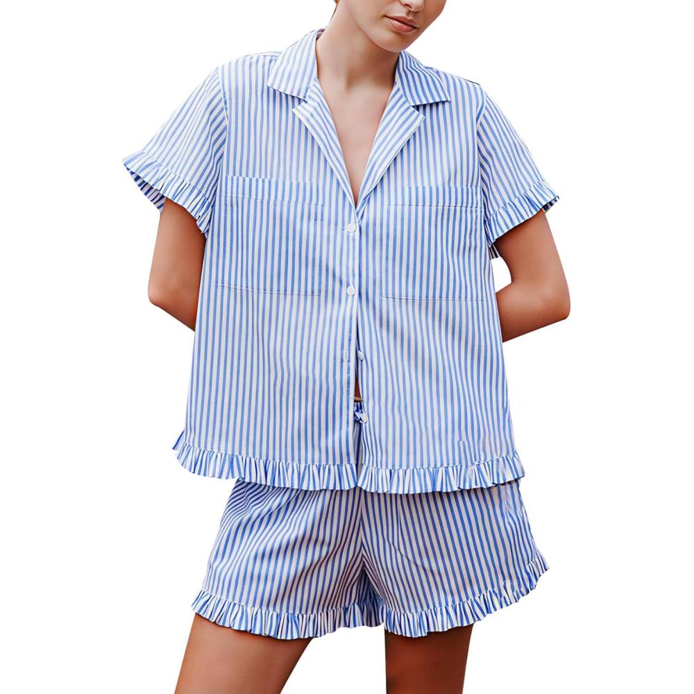 Arssm Womens Striped Pajama Sets 2 Piece Cotton Pjs Sets Short Sleeve Button Down Shirts and Shorts Sleepwear(Blue)