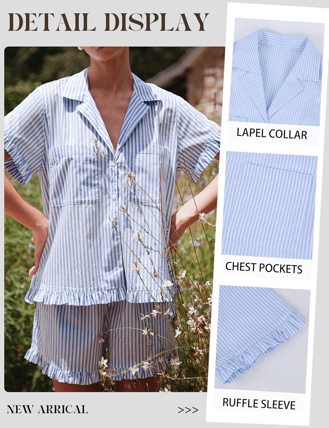 Arssm Womens Striped Pajama Sets 2 Piece Cotton Pjs Sets Short Sleeve Button Down Shirts and Shorts Sleepwear(Blue)