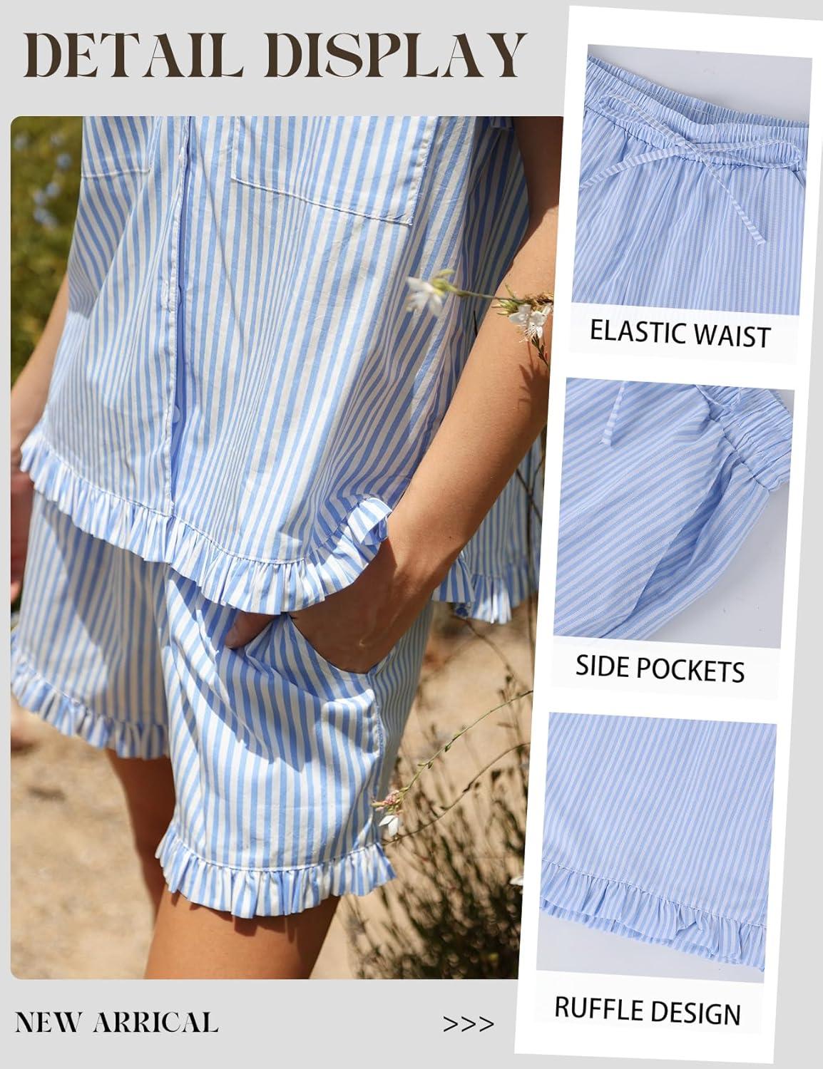 Arssm Womens Striped Pajama Sets 2 Piece Cotton Pjs Sets Short Sleeve Button Down Shirts and Shorts Sleepwear(Blue)