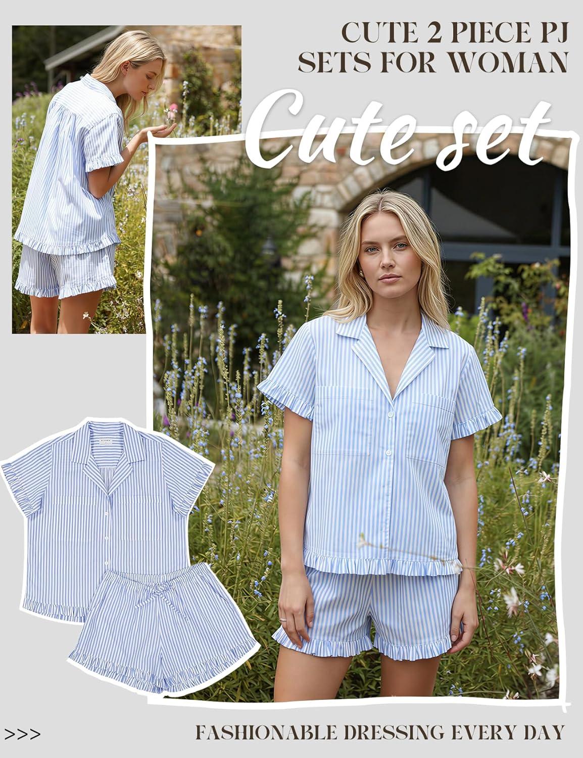 Arssm Womens Striped Pajama Sets 2 Piece Cotton Pjs Sets Short Sleeve Button Down Shirts and Shorts Sleepwear(Blue)