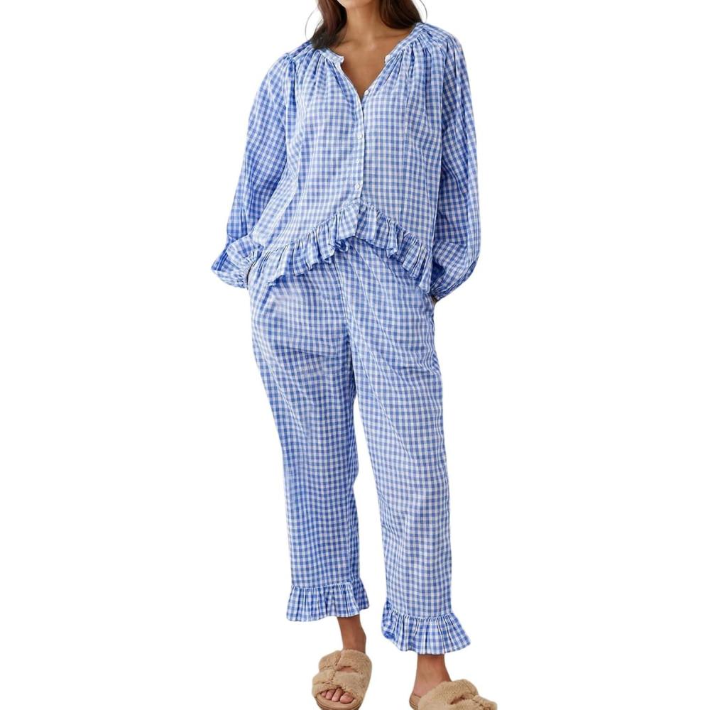 Arssm Womens Gingham Pajama Set 2 Piece Plaid Button Down Long Sleeve Shirt and Pants Pjs Lounge Set Outfits(Blue)