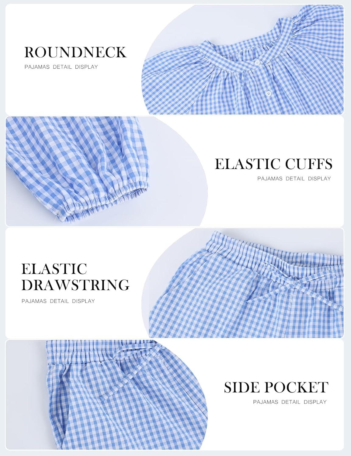 Arssm Womens Gingham Pajama Set 2 Piece Plaid Button Down Long Sleeve Shirt and Pants Pjs Lounge Set Outfits(Blue)