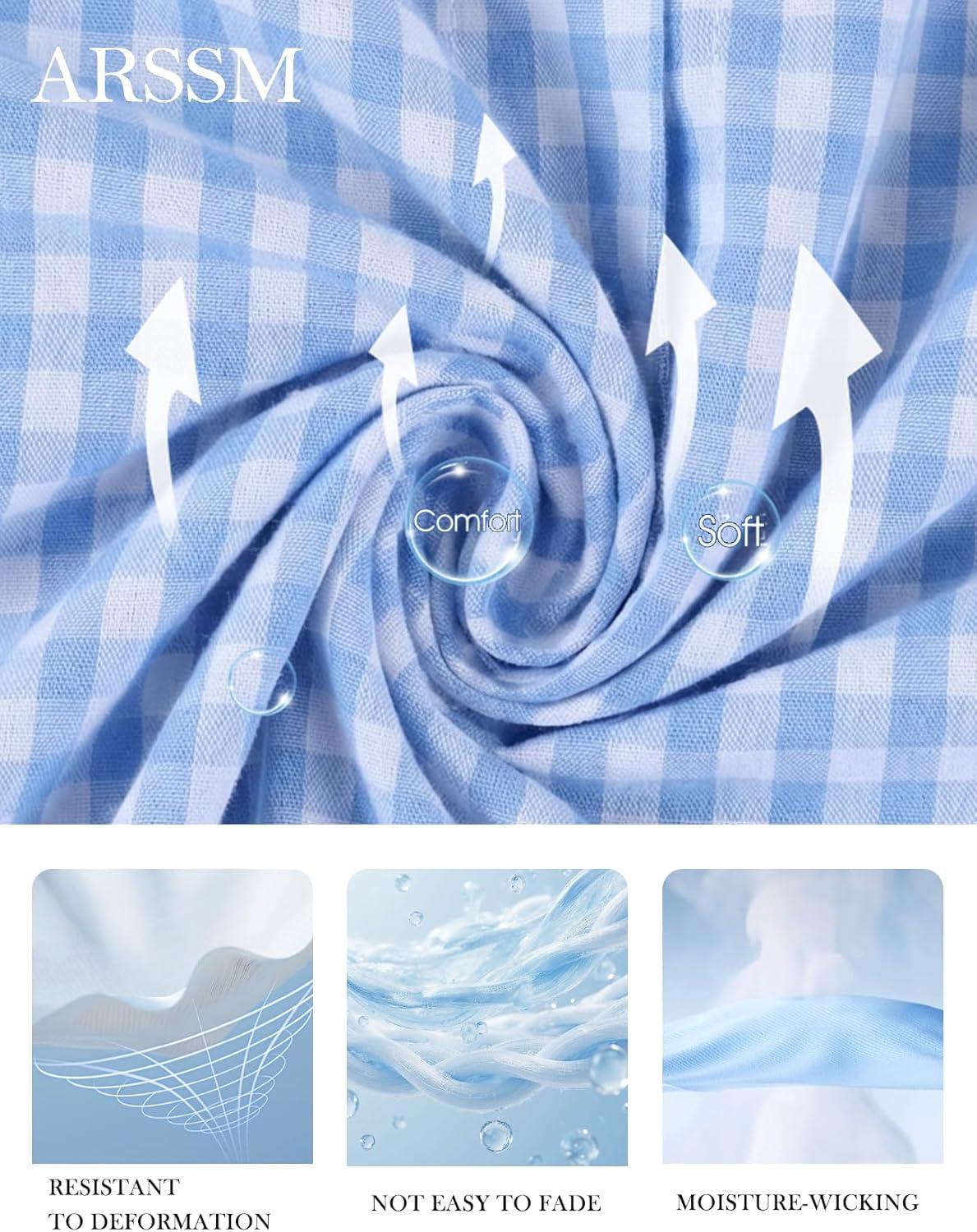 Arssm Womens Gingham Pajama Set 2 Piece Plaid Button Down Long Sleeve Shirt and Pants Pjs Lounge Set Outfits(Blue)