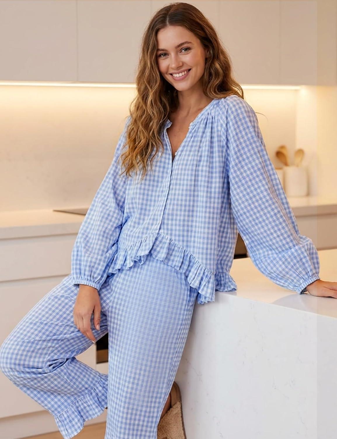 Arssm Womens Gingham Pajama Set 2 Piece Plaid Button Down Long Sleeve Shirt and Pants Pjs Lounge Set Outfits(Blue)