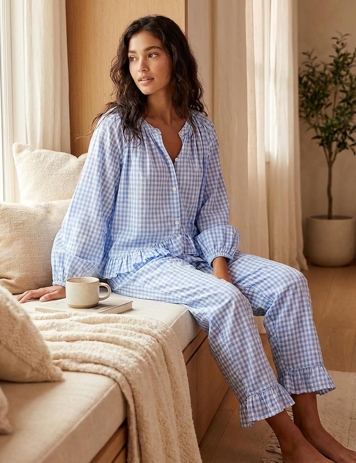 Arssm Womens Gingham Pajama Set 2 Piece Plaid Button Down Long Sleeve Shirt and Pants Pjs Lounge Set Outfits(Blue)
