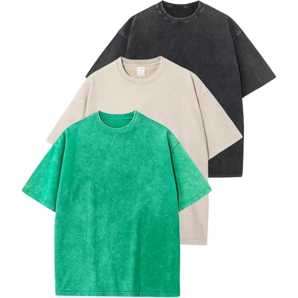 Arssm 3 Pack Men Oversized T Shirts Vintage Tee Loose Fit Short Sleeve Casual Streetwear Baggy Washed Unisex Tops(Black+beige+green)