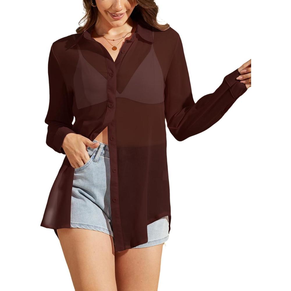 Arssm Sheer Tops for Women Sheer Button Up Blouse Long Sleeve Sexy See Through Tops Mesh Shirts(Brown)