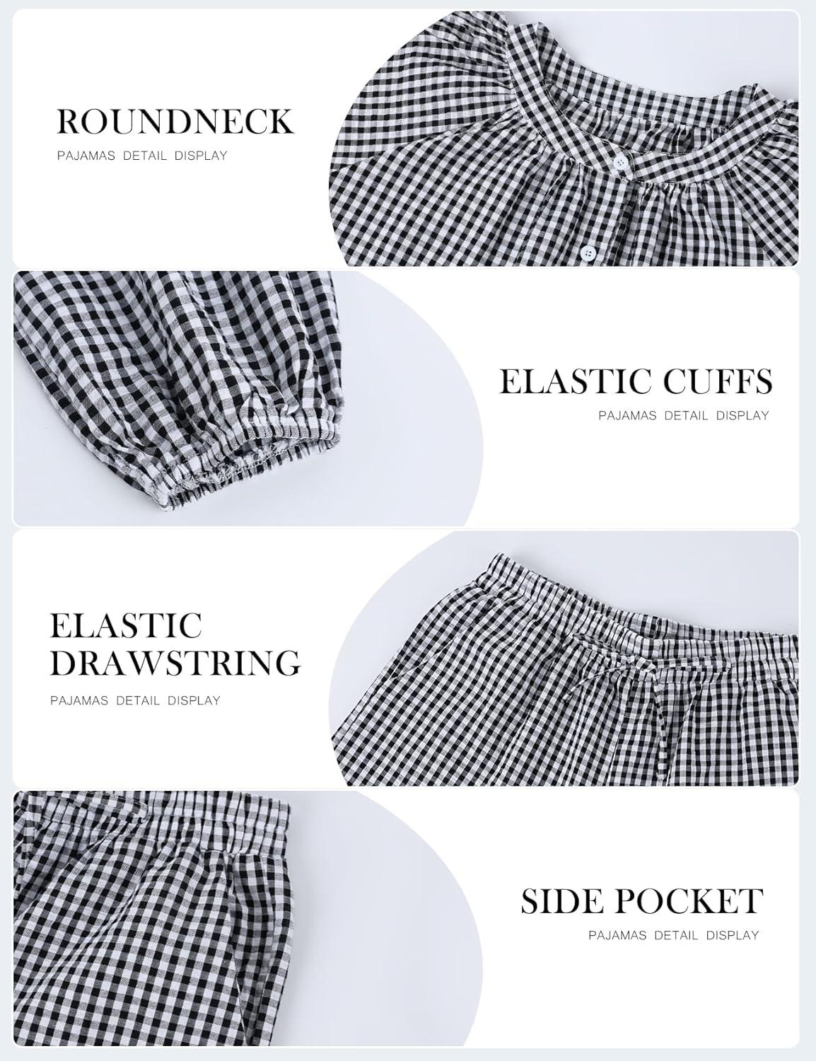 Arssm Womens Gingham Pajama Set 2 Piece Plaid Button Down Long Sleeve Shirt and Pants Pjs Lounge Set Outfits(Black)