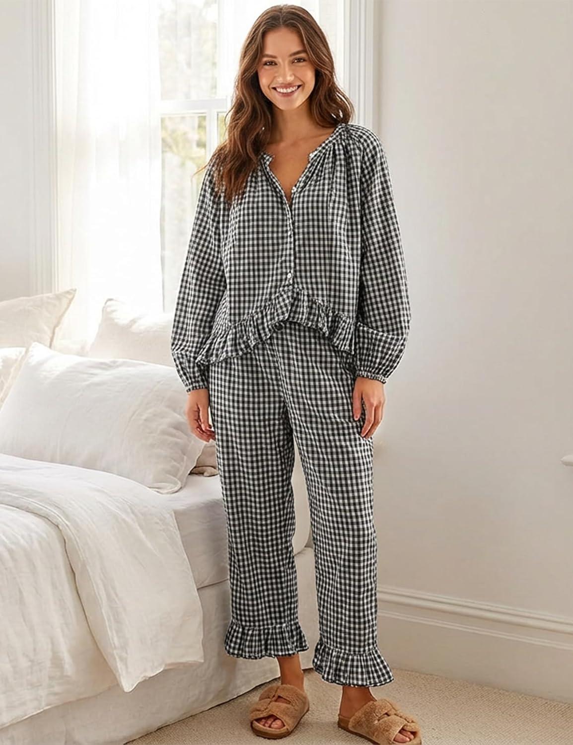 Arssm Womens Gingham Pajama Set 2 Piece Plaid Button Down Long Sleeve Shirt and Pants Pjs Lounge Set Outfits(Black)
