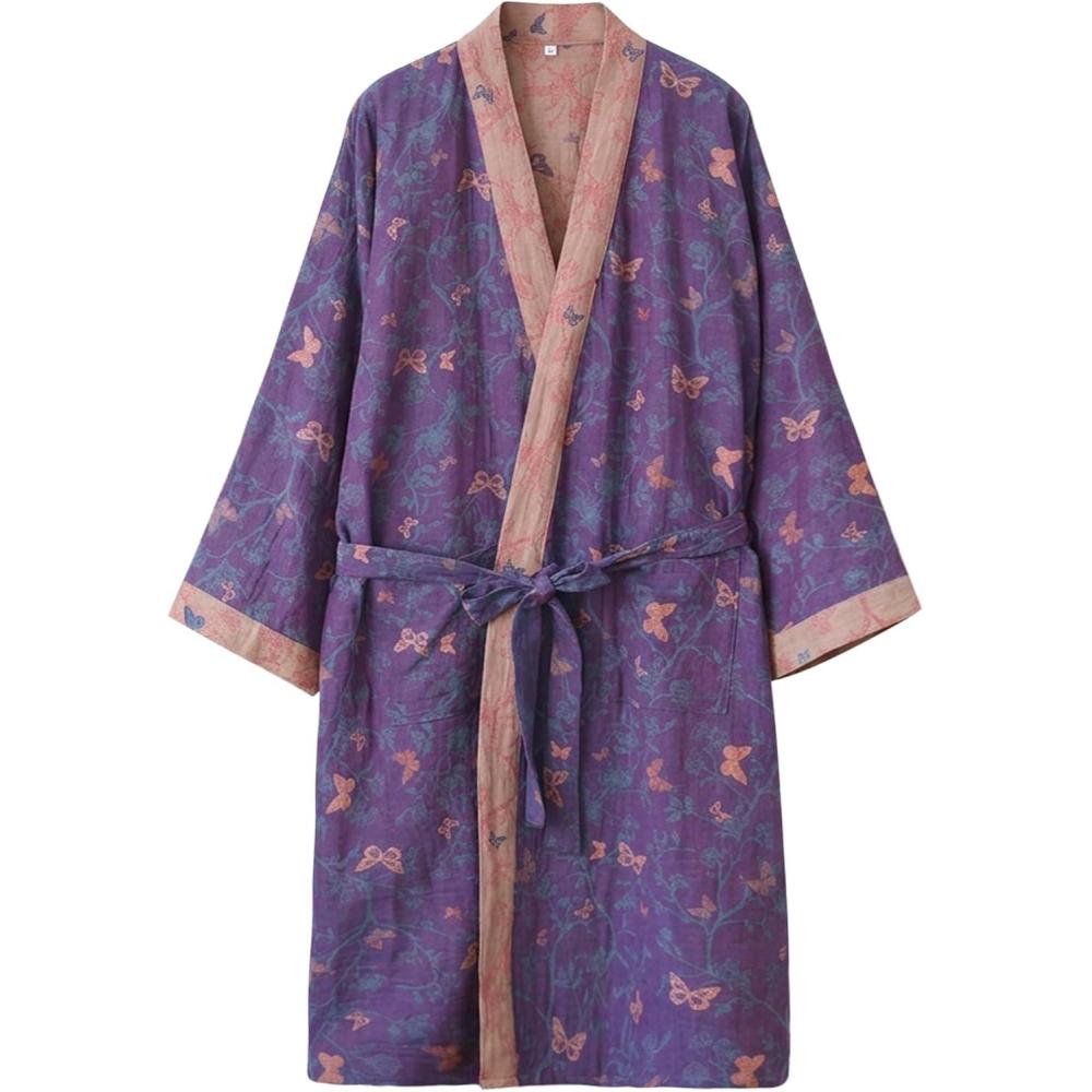 Arssm Women Cotton Gauze Robes Jacquard Japanese Yukata Muslin Kimono Robe Bathrobe Loungewear Sleepwear(Purplebutterfly)