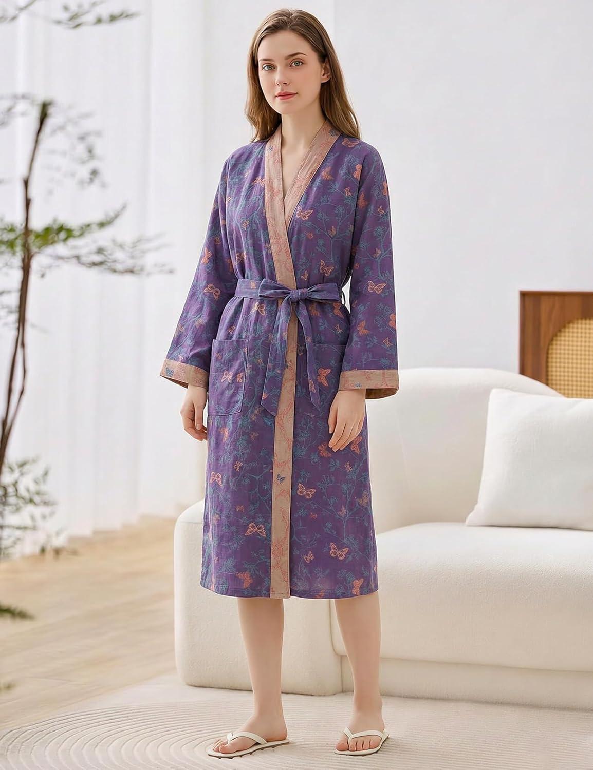 Arssm Women Cotton Gauze Robes Jacquard Japanese Yukata Muslin Kimono Robe Bathrobe Loungewear Sleepwear(Purplebutterfly)