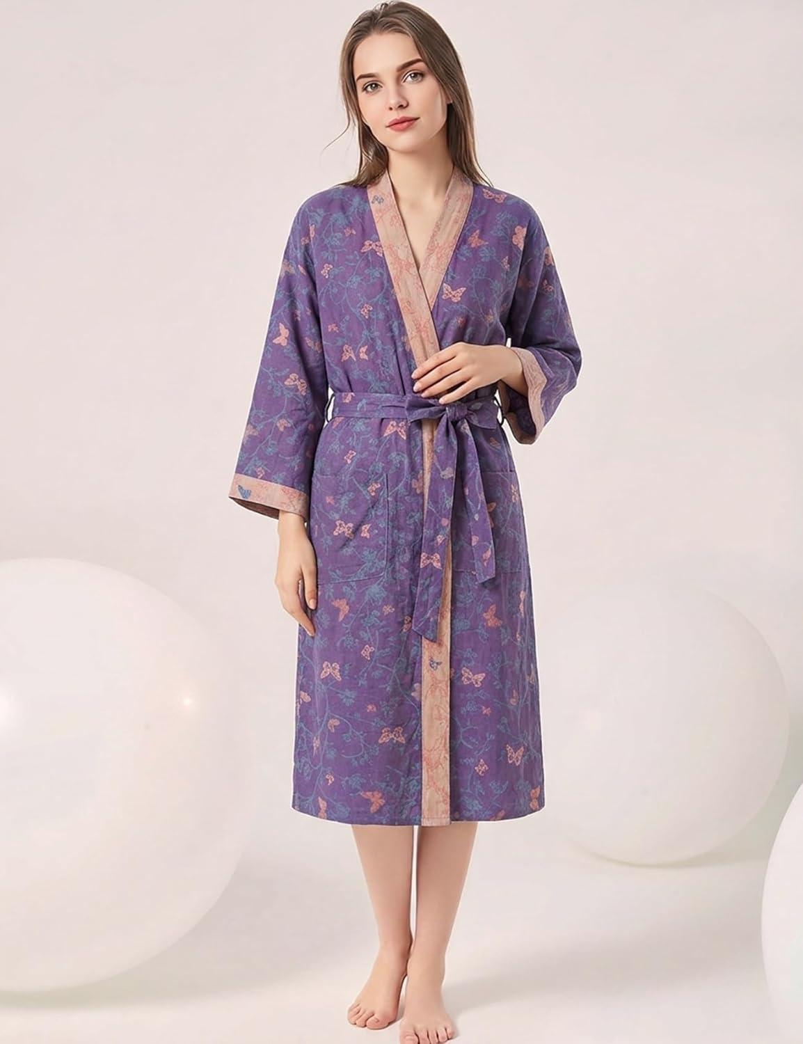 Arssm Women Cotton Gauze Robes Jacquard Japanese Yukata Muslin Kimono Robe Bathrobe Loungewear Sleepwear(Purplebutterfly)