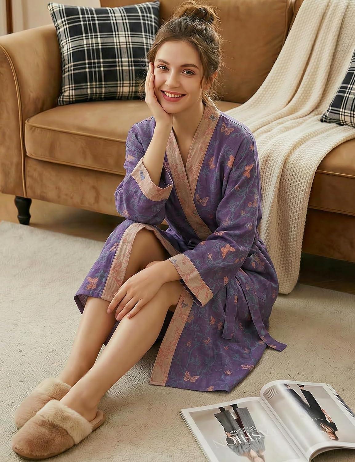 Arssm Women Cotton Gauze Robes Jacquard Japanese Yukata Muslin Kimono Robe Bathrobe Loungewear Sleepwear(Purplebutterfly)