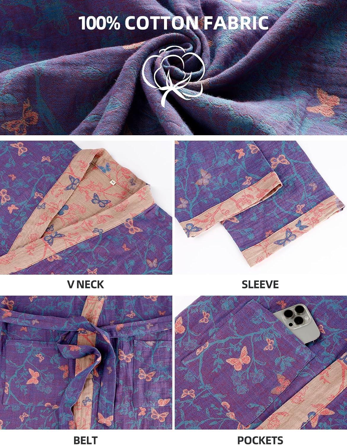 Arssm Women Cotton Gauze Robes Jacquard Japanese Yukata Muslin Kimono Robe Bathrobe Loungewear Sleepwear(Purplebutterfly)
