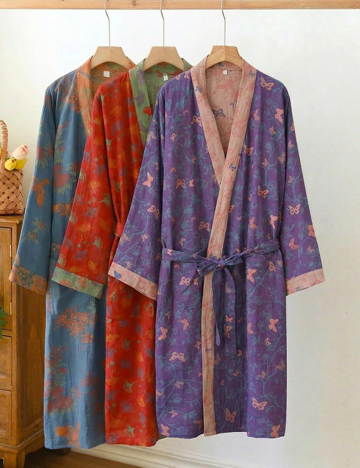 Arssm Women Cotton Gauze Robes Jacquard Japanese Yukata Muslin Kimono Robe Bathrobe Loungewear Sleepwear(Purplebutterfly)