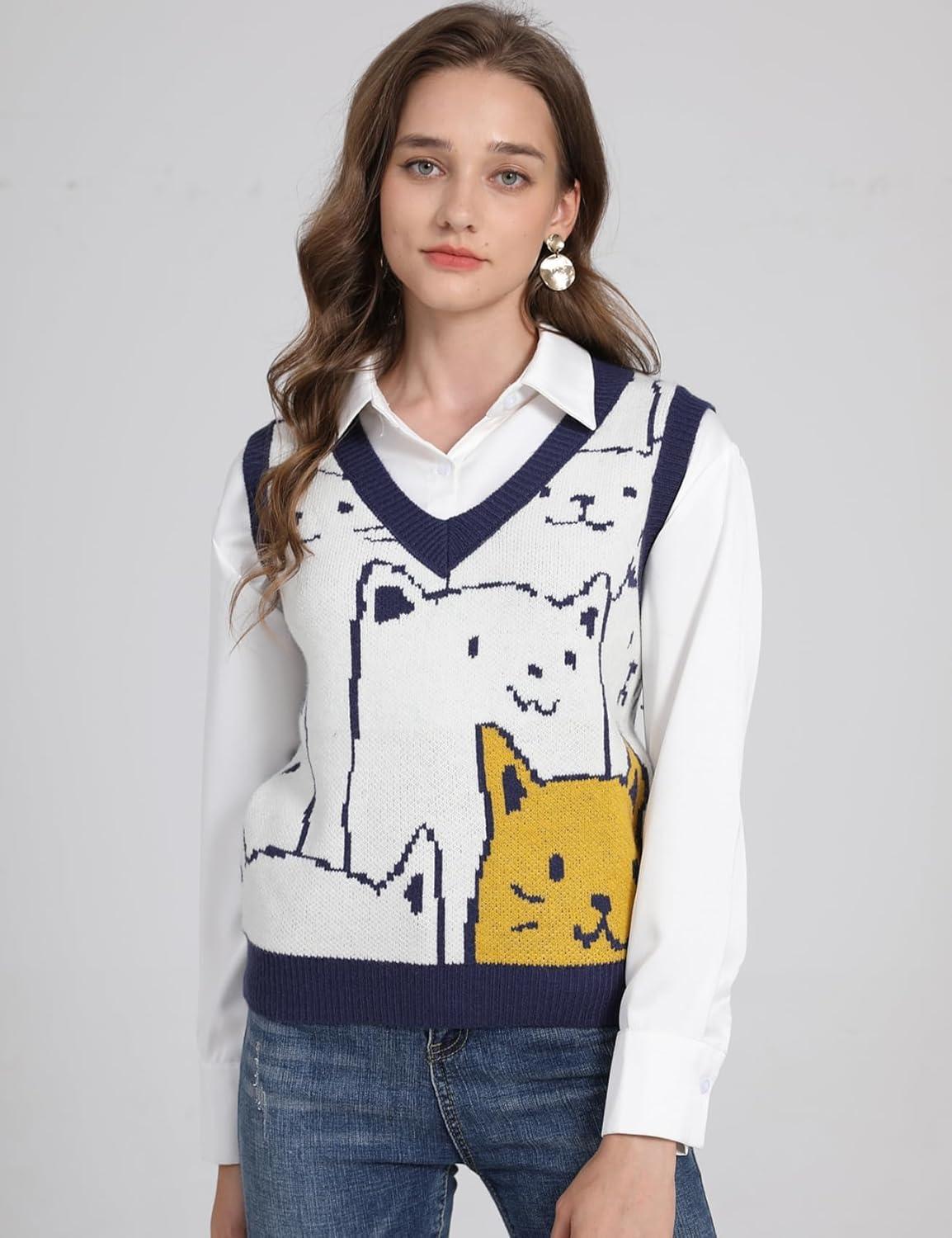 Arssm Womens Cat Print Pullover Sweater Vest V Neck Sleeveless Knit Vests 2025 Pullover Knitted Tank Top(Navy)