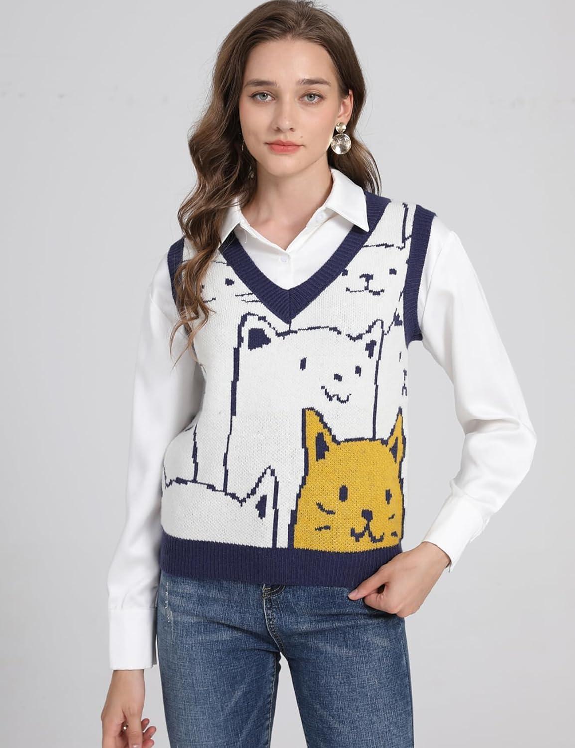 Arssm Womens Cat Print Pullover Sweater Vest V Neck Sleeveless Knit Vests 2025 Pullover Knitted Tank Top(Navy)