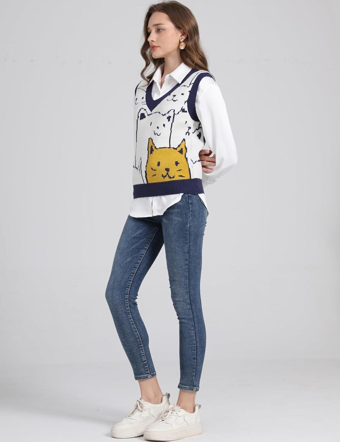 Arssm Womens Cat Print Pullover Sweater Vest V Neck Sleeveless Knit Vests 2025 Pullover Knitted Tank Top(Navy)