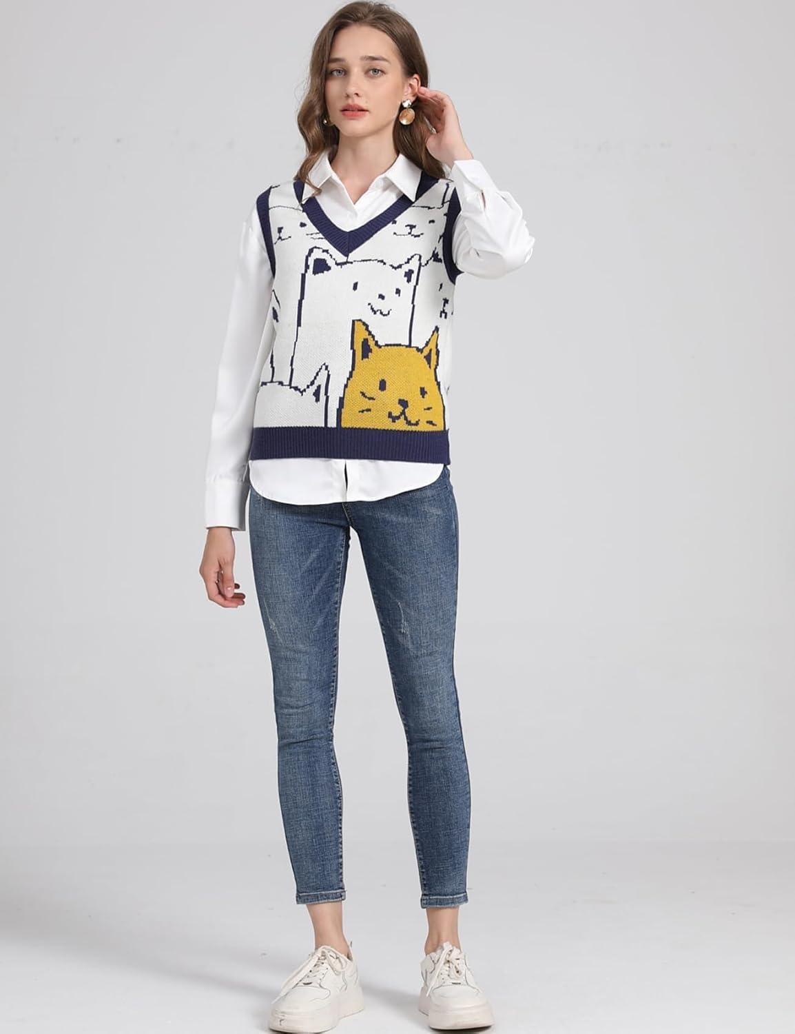 Arssm Womens Cat Print Pullover Sweater Vest V Neck Sleeveless Knit Vests 2025 Pullover Knitted Tank Top(Navy)