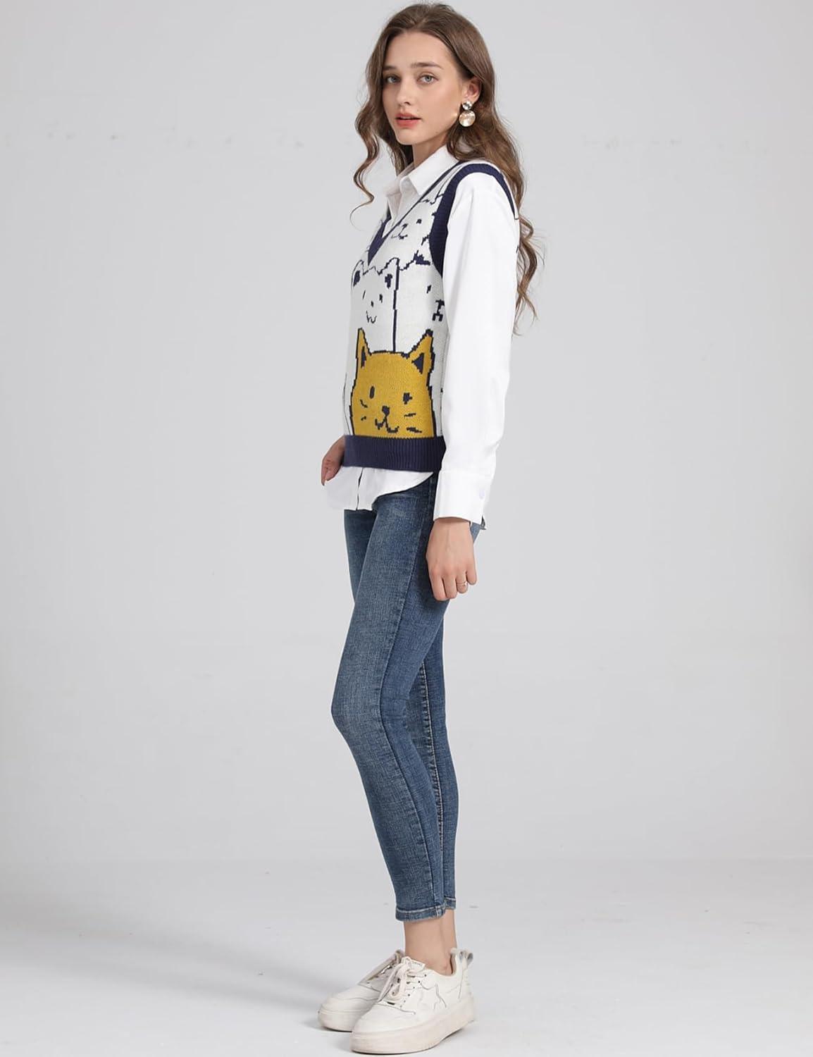 Arssm Womens Cat Print Pullover Sweater Vest V Neck Sleeveless Knit Vests 2025 Pullover Knitted Tank Top(Navy)