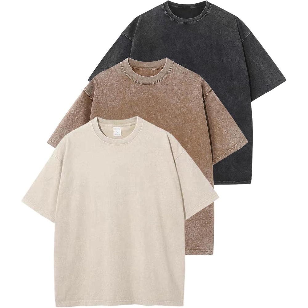 Arssm 3 Pack Men Oversized T Shirts Vintage Tee Loose Fit Short Sleeve Casual Streetwear Baggy Washed Unisex Tops(Black+khaki+beige)