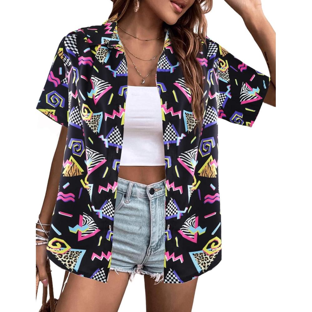 Arssm 80s 90s Shirts for Women Retro Vintage Party Disco Outfits Neon Hawaiian Button Down Blouses Tees Tops(Black)