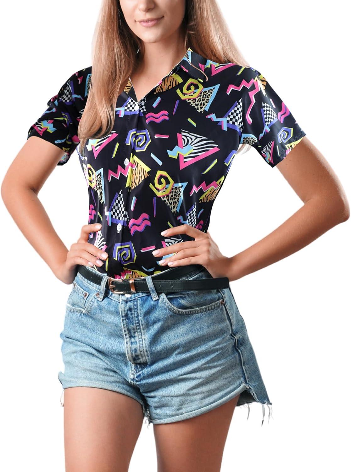 Arssm 80s 90s Shirts for Women Retro Vintage Party Disco Outfits Neon Hawaiian Button Down Blouses Tees Tops(Black)