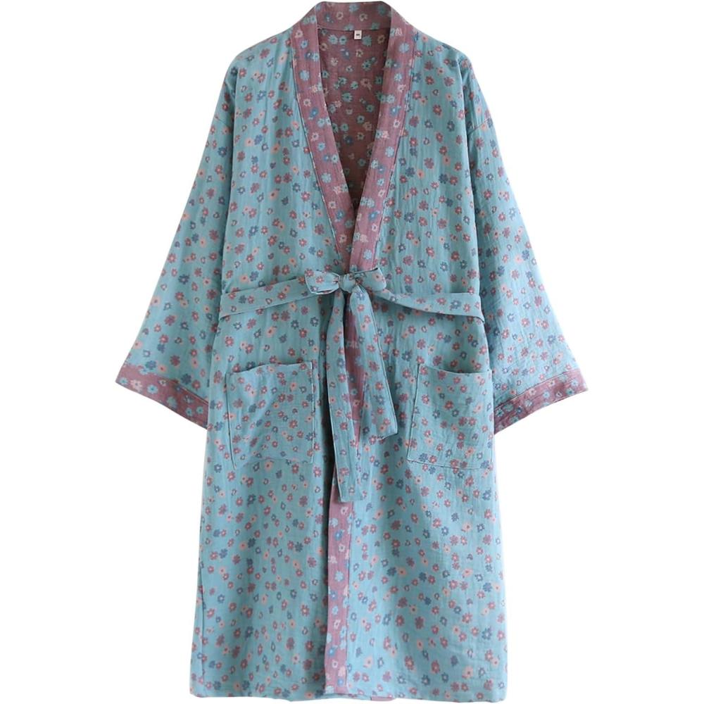 Arssm Women Cotton Gauze Robes Jacquard Japanese Yukata Muslin Kimono Robe Bathrobe Loungewear Sleepwear(Floral)