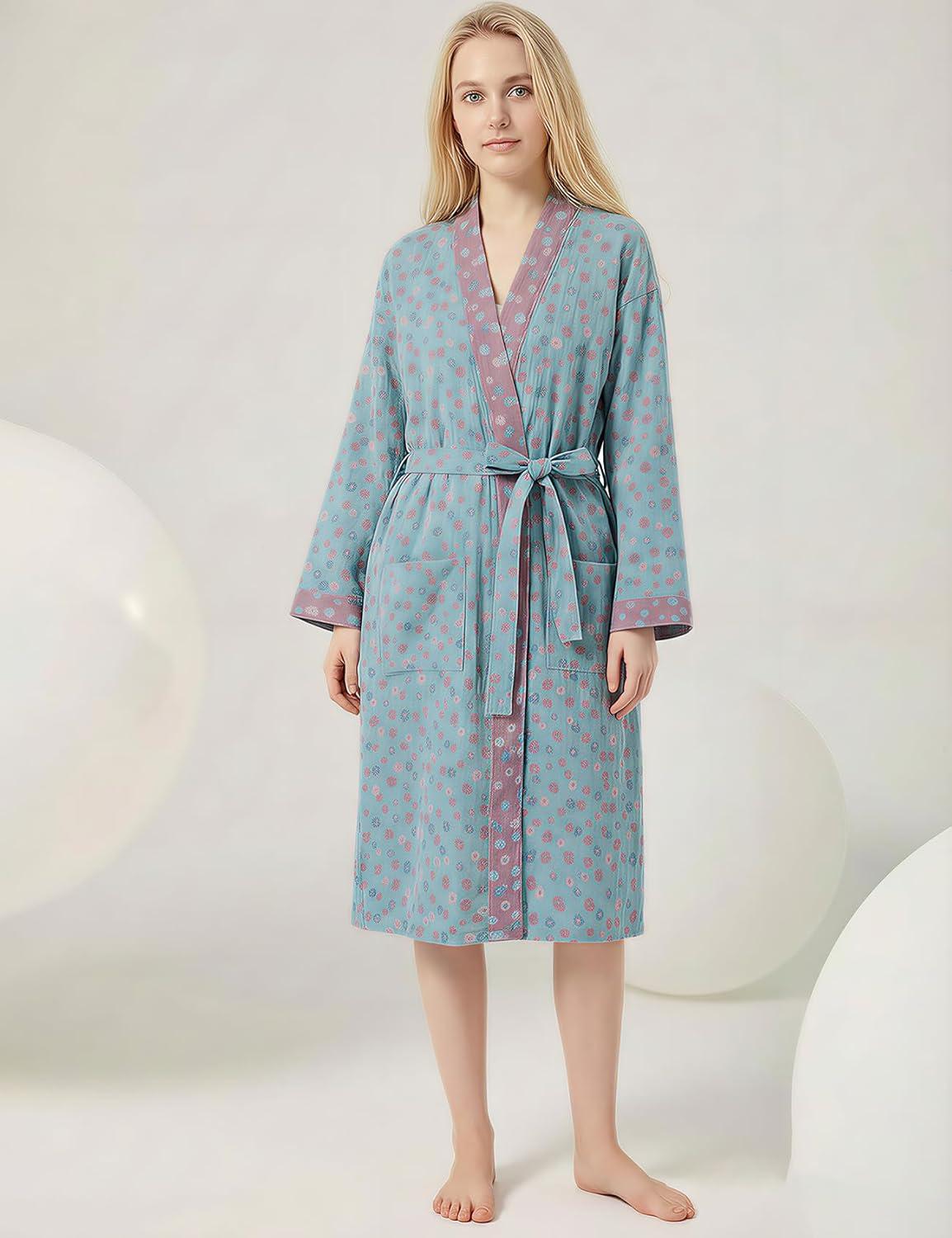 Arssm Women Cotton Gauze Robes Jacquard Japanese Yukata Muslin Kimono Robe Bathrobe Loungewear Sleepwear(Floral)