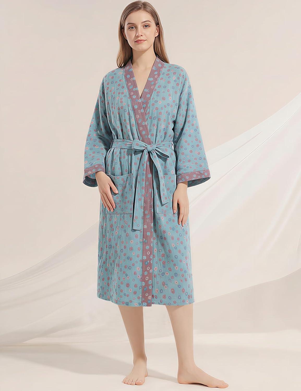 Arssm Women Cotton Gauze Robes Jacquard Japanese Yukata Muslin Kimono Robe Bathrobe Loungewear Sleepwear(Floral)