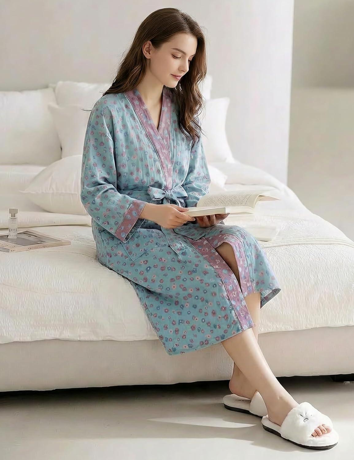 Arssm Women Cotton Gauze Robes Jacquard Japanese Yukata Muslin Kimono Robe Bathrobe Loungewear Sleepwear(Floral)
