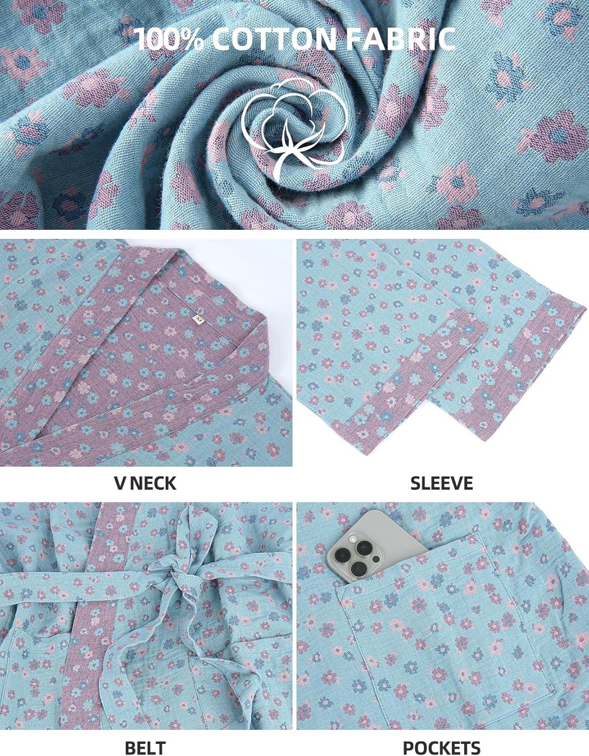 Arssm Women Cotton Gauze Robes Jacquard Japanese Yukata Muslin Kimono Robe Bathrobe Loungewear Sleepwear(Floral)