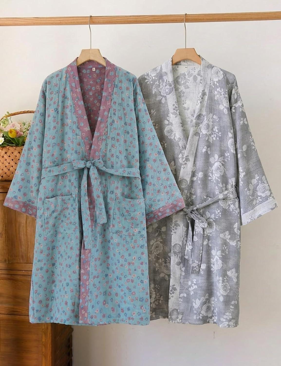 Arssm Women Cotton Gauze Robes Jacquard Japanese Yukata Muslin Kimono Robe Bathrobe Loungewear Sleepwear(Floral)