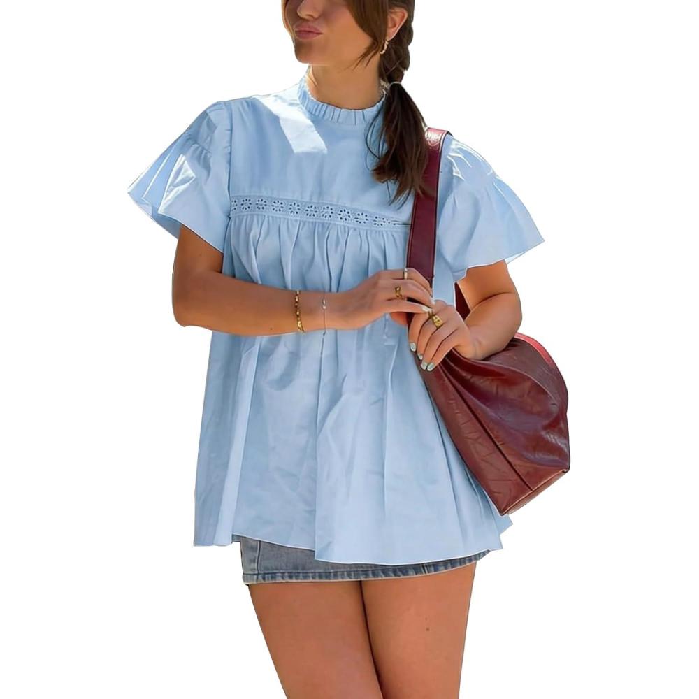 Arssm Peplum Tops for Women Short Sleeve Babydoll Shirt Mock Neck Blouse Pleated Tunic Shirts(Blue)