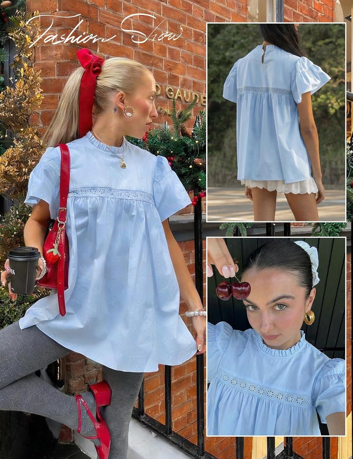 Arssm Peplum Tops for Women Short Sleeve Babydoll Shirt Mock Neck Blouse Pleated Tunic Shirts(Blue)