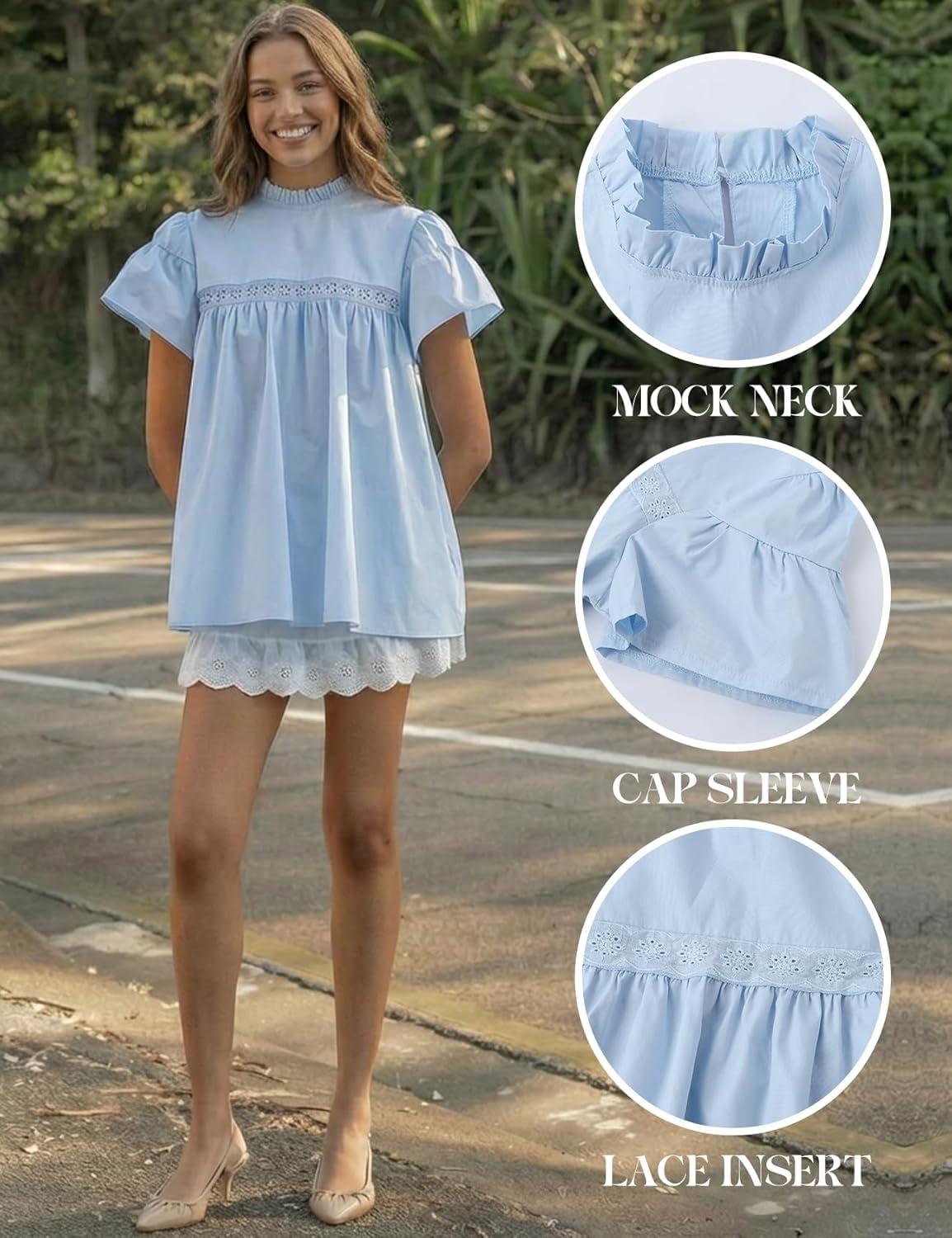 Arssm Peplum Tops for Women Short Sleeve Babydoll Shirt Mock Neck Blouse Pleated Tunic Shirts(Blue)