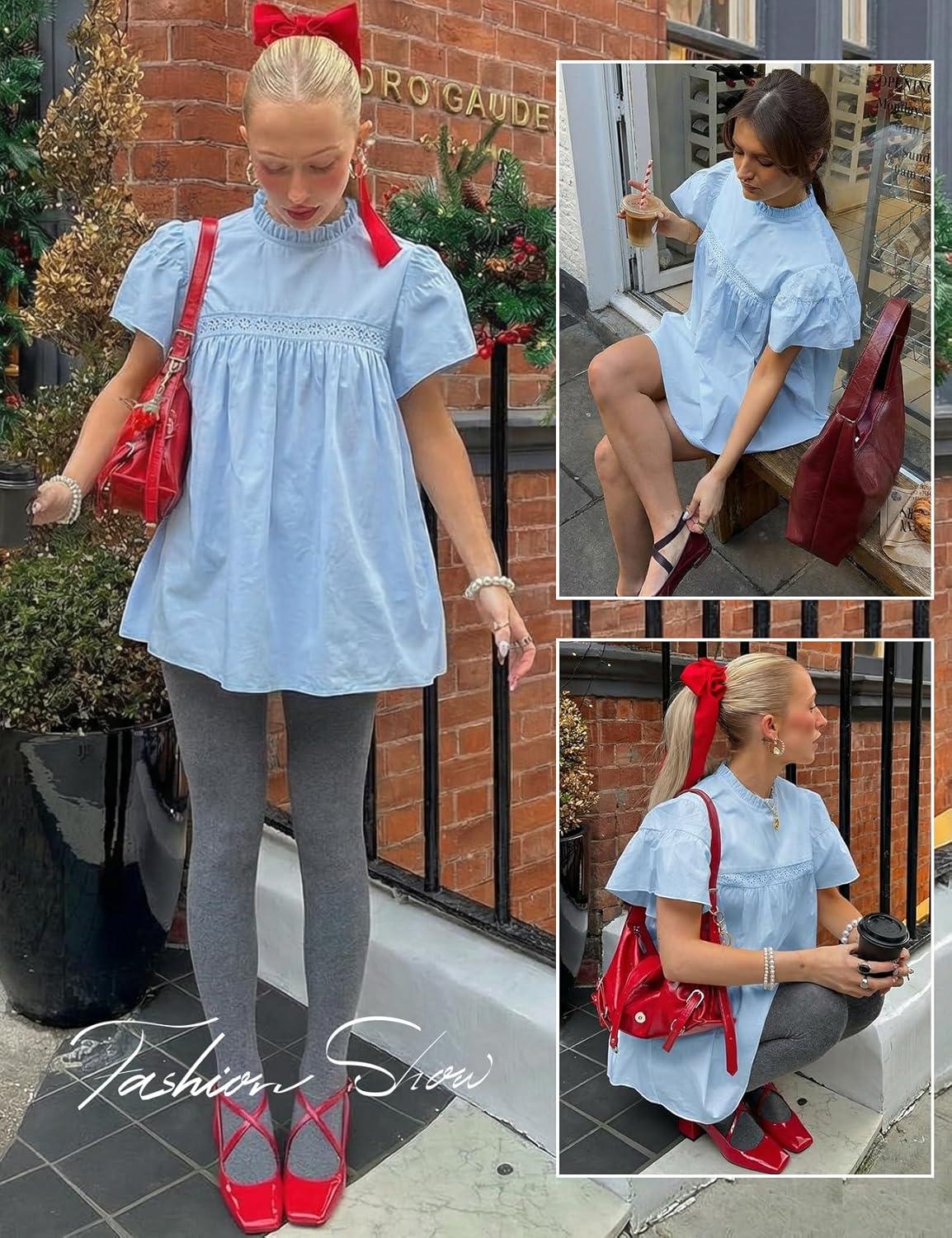 Arssm Peplum Tops for Women Short Sleeve Babydoll Shirt Mock Neck Blouse Pleated Tunic Shirts(Blue)