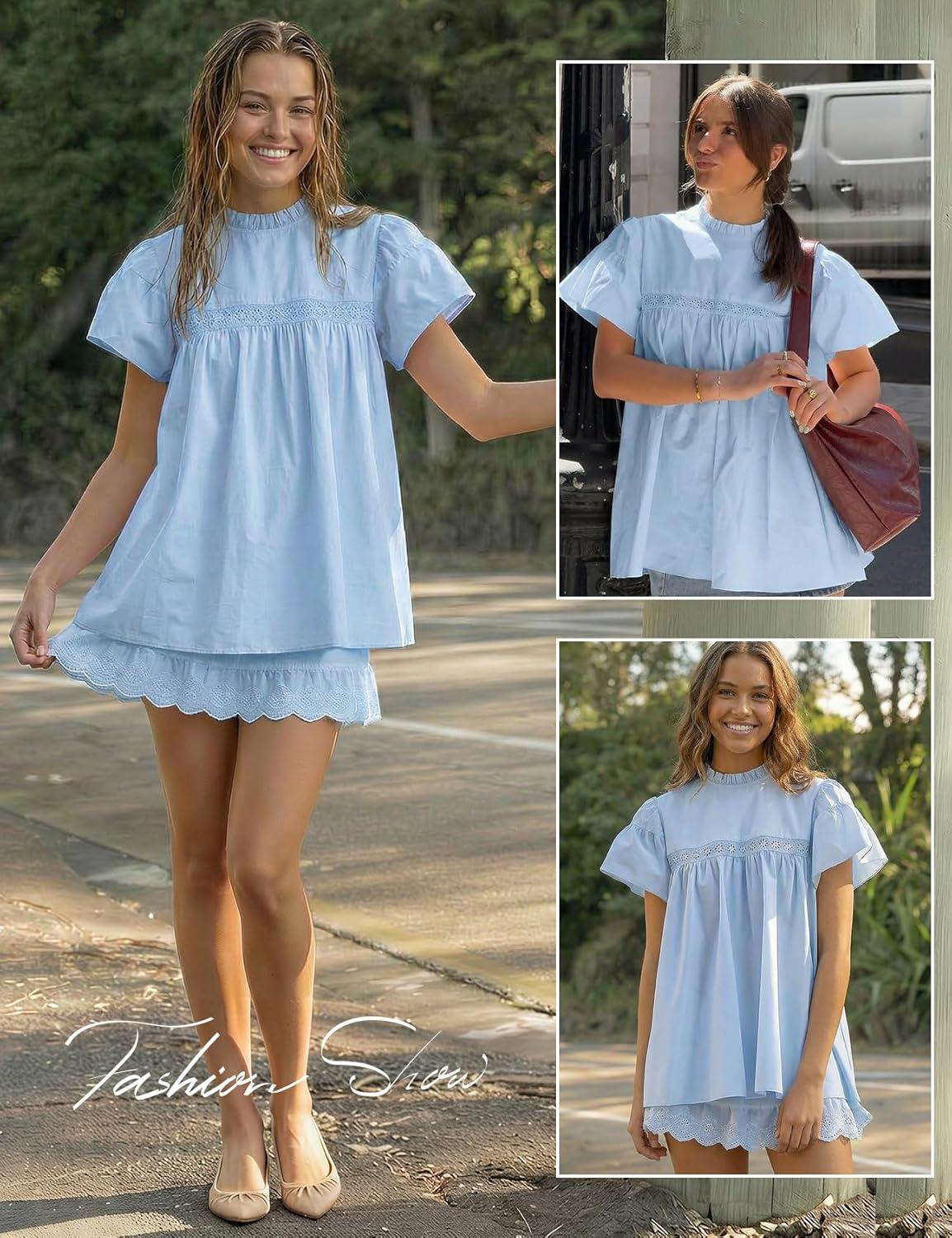 Arssm Peplum Tops for Women Short Sleeve Babydoll Shirt Mock Neck Blouse Pleated Tunic Shirts(Blue)